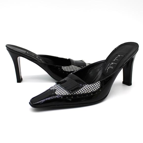 Nicole‎ Miller Womens 7 Heeled Mule Black Houndstooth Kilty Witchy Preppy Goth - Picture 1 of 10